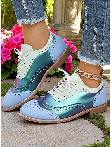  Damen-Oxford-Schuhe mit Farbblock-Muster und Flügelkappe, Retro-Schnürschuhe im 50er-Jahre-Stil mit schillernden Einsätzen für Freizeitausflüge und Vintage-inspirierten Streetstyle