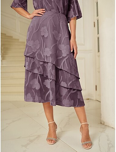  Dam Kjol Elegant Midi Medium Midja Kjolar Blommig Multi lager Blommig Oelastisk Fest Casual Ljuslila Sommar Chiffong