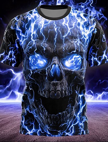  Halloween Herren Schädel Flamme T Shirt Kurzarm T-Shirt 3D-Druck Rundhalsausschnitt Hemd Gotisch Straße Lässig Dunkle Party Wasserblau Blau Purpur Sommer Frühling Ganzjahres Bekleidung S M L XL XXL