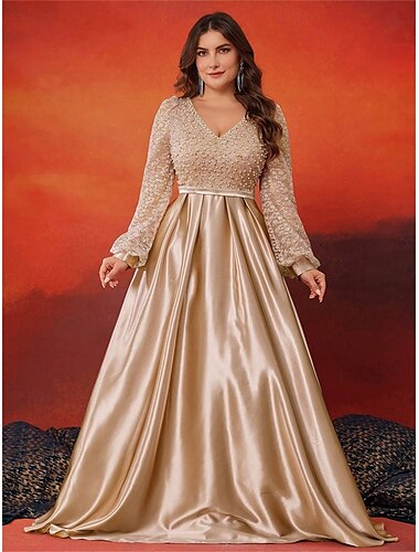  A-Linje Plus Size Klänningar Elegant Curve Klänning Formell Bröllop Golvlängd Långärmad V-Uttag Satin med Fållar 2025