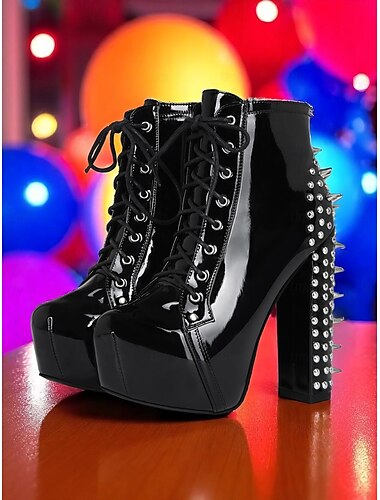  Schwarze Plateau-Stiefeletten aus Lackleder für Damen – Gothic-Punk-Schnürschuhe im 80er-Jahre-Stil mit Nieten für Konzerte, Partys und Nachtclubs