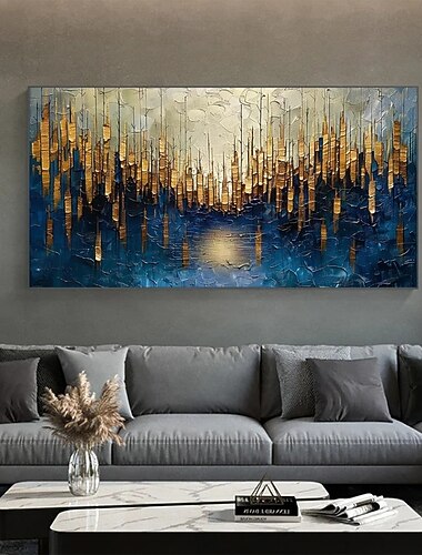  großes originales Ölgemälde in Gold auf Leinwand, abstraktes minimalistisches blau strukturiertes Wandbild, individuelles Gemälde, Boho Wanddekoration, Wohnzimmer Wanddekoration