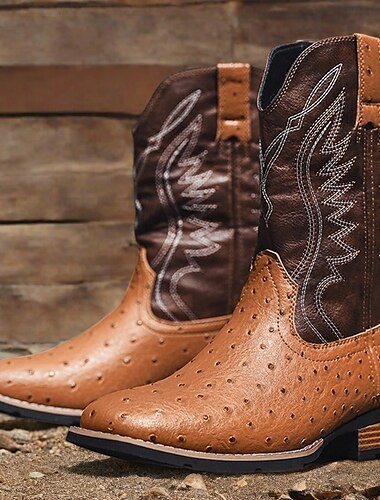  Botas vaqueras de piel sintética marrón para hombre con detalles bordados: estilo western clásico para uso informal, rodeos y eventos al aire libre.