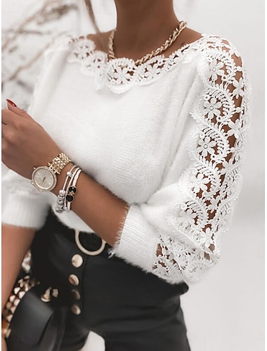  Damen Pullover Sexy Lässig Weich Einfarbig Gerippt Rundhalsausschnitt Spitze Gestrickt Langarm Normale Oberteile Stricken Outdoor Täglich Wochenende Weiß Herbst Winter