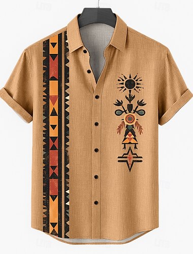  Herren Leinenhemd Sommerhemd Strandbekleidung Knopfhemd Stammes Urlaub Lässig Braun Grün Khaki Kurzarm Umlegekragen Sommer Frühling Bekleidung