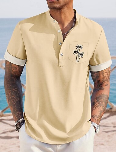  Herren Kokospalme Tropische Pflanzen Hawaiihemden Henley Hemd Stehkragenhemd Kurzarm Hawaiianisch Urlaub Lässig Sommer Frühling Mandarinkragen Stehkragen Knöpfe Eine Tasche vorne Leinenähnliches Hemd
