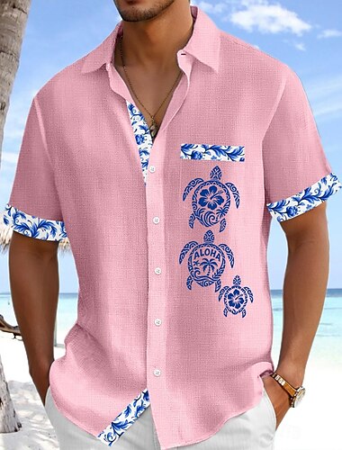  Herren Hemd Leinenhemd Sommerhemd Strandhemd Knopfhemd Blumen Lässig Ferien Weiß Rosa Marineblau Himmelblau Kurze Ärmel Umlegekragen Sommer Bekleidung Fronttasche