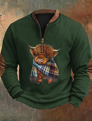  Herren Sweatshirt Viertelreißverschluss Sweatshirt Armeegrün Marineblau Khaki Halber Reißverschluss Grafik Farbblock Kuh Sport & Outdoor Täglich Ferien Polyester Streetwear Lässig Frühling & Herbst