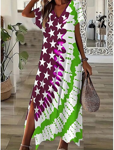  Unabhängigkeitstag Frauen Patriotisch Fourth of July Midi Kleid T-Shirt Kleid Tee Kleid Sommerkleid A-Linie Kleid Urlaub Lässig Draußen Ausgehen Strand Reguläre Passform Grafische Flagge Kurzarm
