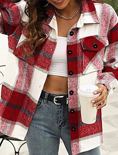  Damen Hemdjacke Freizeitjacke Warm Bequem Tasche Mode Outdoor Karomuster Ausgehen Wochenende Einreihig Regulär Umlegekragen Normale Passform Langarm Oberbekleidung Rosa Rote Blau Herbst Winter