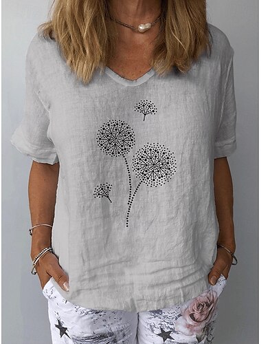  Damen T Shirt Grafik Pflanzen Vintage Stilvoll Klassisch Kurzarm V Ausschnitt Normale Oberteile Täglich Wochenende Druck Weiß Marineblau Himmelblau Grau Sommer