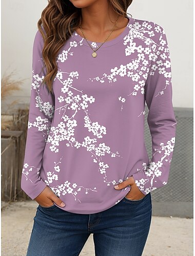  女性用 Tシャツ フラワー グラフィック 植物 ヴィンテージ スタイリッシュ カジュアル 長袖 クルーネック レギュラートップス 日常 週末 プリント ブルー ダスティブルー パープル グリーン 夏