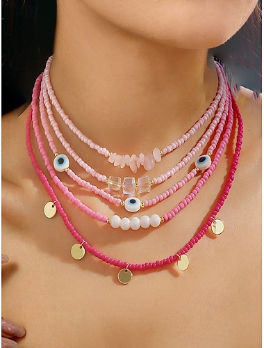  Conjunto de collar de capas con cuentas de colores para mujer: detalles bohemios de mal de ojo, perlas y dijes: joyería de verano ajustable para adolescentes y mujeres jóvenes, ideal para playa, festivales y ropa informal.