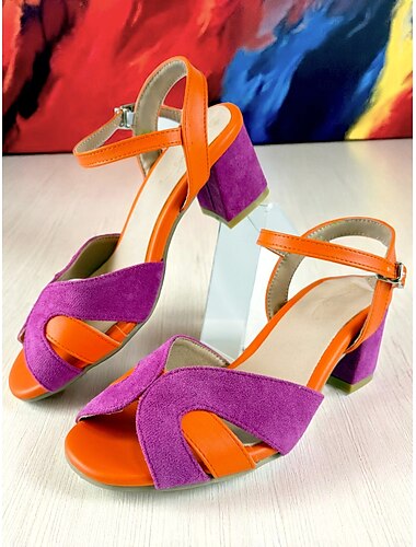  Damen-Sandalen mit Blockabsatz und Colorblock-Design – offene Schuhe aus Wildleder und Kunstleder in leuchtenden Farben für legere Verabredungen und Sommeroutfits