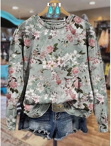  Damen Pullover Sweatshirt Blumen Grafik Lässig Langarm Rundhalsausschnitt Normale Oberteile Straße Alltagskleidung Lässig Druck Schwarz Rosa Blau Orange Grau Frühling Herbst Winter