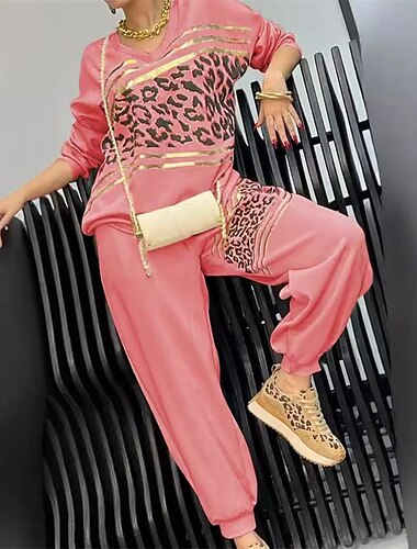  Damen Trainingsanzug Jogginganzug Athleisure Herbst Langarm V Ausschnitt Thermowarm Winddicht Weich Fitnessstudio Training Sport Sportbekleidung Sportkleidung Leopard Rosa Blau Purpur