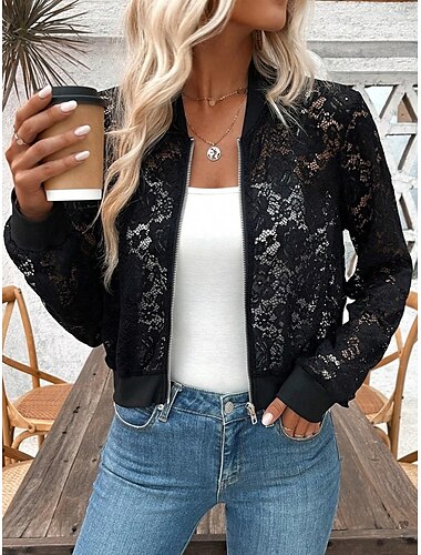  Femmes Vest Bomber Confortable Respirant Dentelle Patchwork Fermeture éclair Élégant Occasionnel Uni Vacances Rue Occasionnel Tenue quotidienne Fermeture éclair Court Col montant Coupe régulière