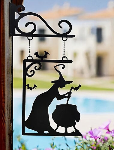  Τρομακτικό Halloween 1 τεμ. μεταλλικό καζάνι μάγισσας, επιτοίχια τέχνη, σιδερένια κρεμαστή πινακίδα με νυχτερίδες &στροβιλισμοί για πάρτι κήπου στο σπίτι ή διακόσμηση πλαισίου πόρτας