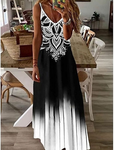  Dames Maxi-jurk Zonnejurk A lijn jurk Slipdress Vakantie Casual Uitgaan Strand Normale pasvorm Ombre Grafisch Paisley Mouwloos V-hals Zwart Wit Zomer Lente