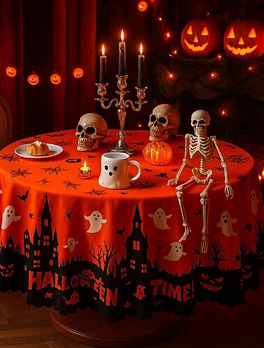  ハロウィーンテーブルクロス、直径150cmのカボチャコウモリのハロウィーンテーブルクロス、長方形の装飾テーブルクロス、万聖節のキッチンテーブルクロス、パーティー、フェスティバル、お祝い、家庭用テーブル