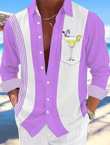  Herren Vogel Cocktail Hemd Sommer Hawaiihemd Knopfhemd Langarm Hawaiianisch Outdoor Urlaub Ferien Frühling Herbst Umlegekragen 3D-Druck Leinenähnliches Hemd Hellgrün Blau Purpur Grün
