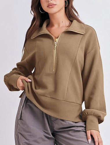  Per donna Felpa Pullover Semplice Streetwear Casual Comodo Manica Lunga Scollo a V Top Regolari Streetwear Ferie Uscire Zip a un quarto Nero Cachi Grigio Autunno