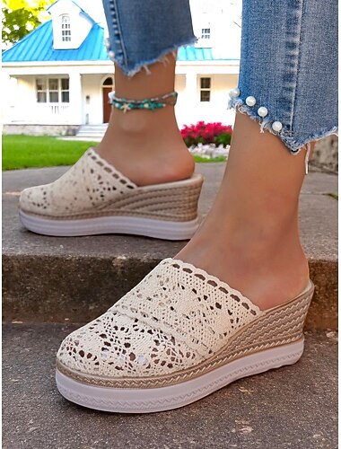  Mules compensées en crochet pour femme avec semelles plateformes – sandales bohèmes à enfiler pour les promenades estivales, les sorties décontractées et les garden-parties