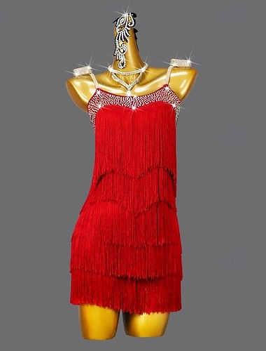  Robe de danse latine à franges pour femme, sans manches, pour rumba, salsa et cha-cha, costume de scène (robe uniquement)