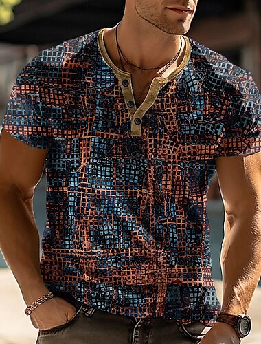  Hombre Geométrico Abstracto Camiseta Henley Shirt Manga Corta Design Moderno Casual Calle Casual Diario Verano Primavera Café Henley Camiseta Henley