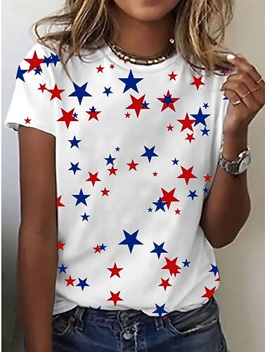 T-shirt patriottica da donna per il Giorno dell'Indipendenza Grafica Stella Vintage Stile Classico Manica Corta Collo Tondo Top Regolari Quotidiani Weekend Stampa Nero Bianco Rosa Estate
