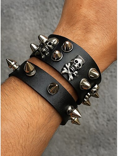 Gothic-Lederarmbänder für Herren mit Totenkopf- und Stachelmotiv – Vintage-Punk-Stil, Halloween-Party-Accessoire, verstellbar, geeignet für Cosplay und den Alltag