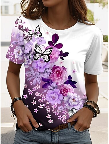  Damen T Shirt Blumen Grafik Pflanzen Vintage Stilvoll Klassisch Kurzarm Rundhalsausschnitt Normale Oberteile Täglich Druck Rote Blau Purpur Grün Sommer Frühling