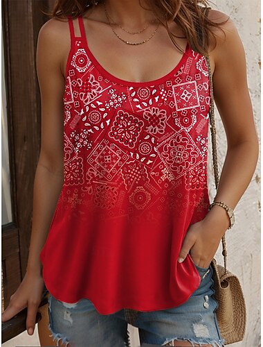  Dam Camisole linne Nyans Grafisk Geometrisk Vintage Stylish Ärmlös Rundhals Vanliga toppar Dagligen Helgdag Mönster Rubinrött Blå Purpur Grön Sommar Vår
