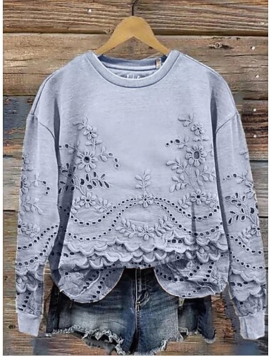 Damen Pullover Sweatshirt Blumen Lässig Langarm Rundhalsausschnitt Normale Oberteile Straße Alltagskleidung Lässig Druck Rosa Blau Beige Frühling Herbst Winter