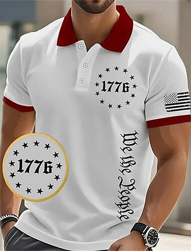  4. Juli 2026 250. Herren 1776 Nationalflagge Poloshirts Polo mit Knopfleiste Golfshirt Kurzarm Polo-Shirts Revers Mode Lässig Täglich Festival Druck Sommer Weiß Schwarz