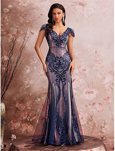  Meerjungfrauenschnitt Quinceanera-Kleider Elegant Kleid Formell Hochzeit Bodenlang Kurzarm V Ausschnitt Polyester mit Paillette 2025