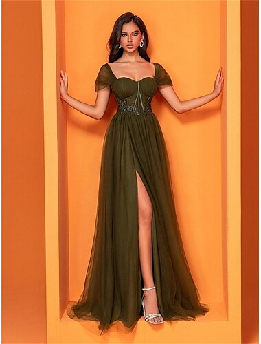  A-Linie Quinceanera-Kleider Elegant Kleid Formell Hochzeit Bodenlang Kurzarm Rundausschnitt Tüll mit Falten Schlitz 2025
