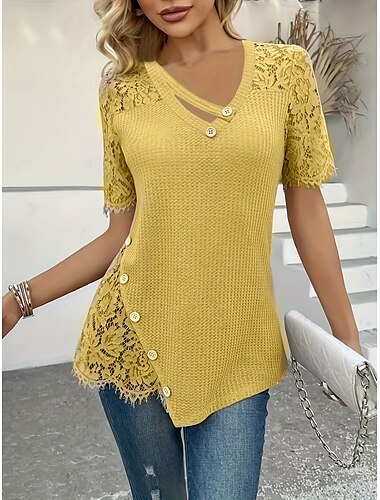  Damen Bluse Einfarbig Elegant Stilvoll Basic Kurzarm V Ausschnitt Normale Oberteile Täglich Ferien Spitze Knöpfe Gelb Rosa Purpur Sommer