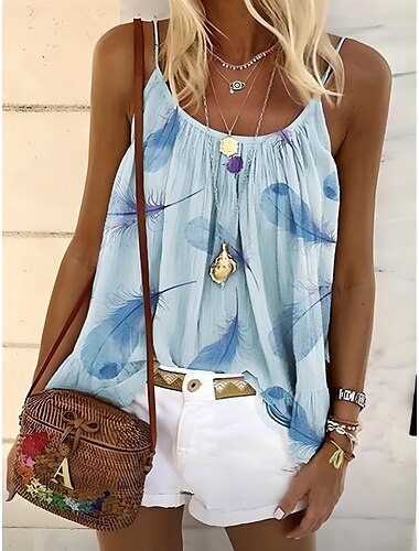  Damen Bluse Blumen Grafik Feder Bohemien Täglich Hawaiianisch Ärmellos Rundhalsausschnitt Träger Quadrathals Normale Oberteile Täglich Rückenfrei Druck Weiß Gelb Hellgrün Blau Purpur Sommer Frühling