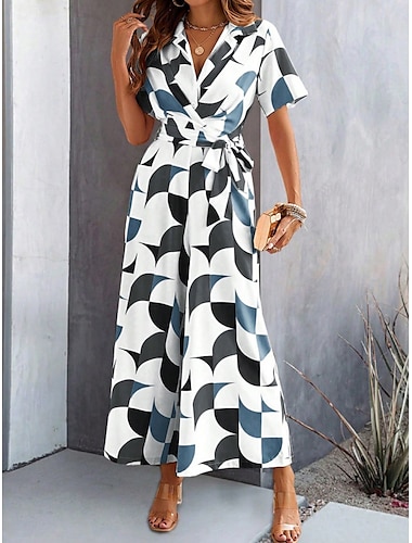  Mujer Normal Mono Activo Geométrico Manga Corta Perneras anchas Cuello Camisero Acordonado Alta cintura Vacaciones Diario Ajuste regular Negro Rojo Verde Trébol Verano