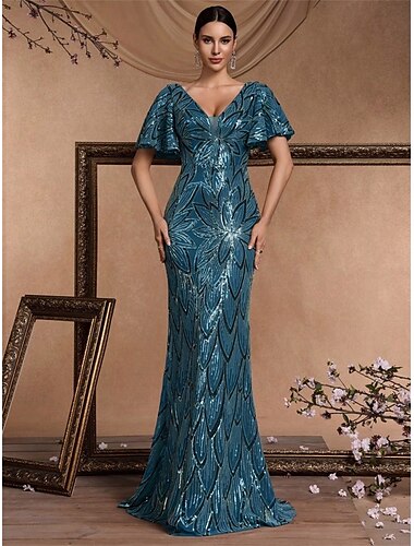  Abiti Sirena  Tromba Quinceanera Abito Elegante Formale Matrimonio Lungo a Terra Manica Corta Collo a V Poliestere Schiena a V con Paillettes