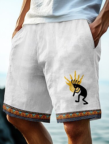 Herren Ethnisch Indische Kultur Kokopelli Waffel-Shorts Sweat-Shorts Freizeitshorts Mittlere Taille Retro Vintage Urlaub Joggen Trainieren Elastischer Kordelzug in der Taille Shorts mit Taschen