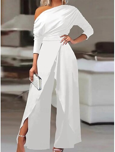  Damen Normal Overall Elegant Einfarbig Langarm Weites Bein Kalter Schulter-Ausschnitt Hohe Taille Urlaub Party Normale Passform Schwarz Weiß Blau Sommer