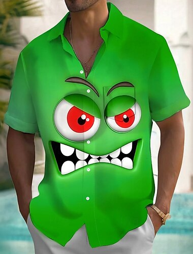  Herren Cartoon Lustig Lächelndes Gesicht Hemd Sommerhemd Knopfhemd Kurzarm Modisch lässig Outdoor Urlaub Alltagskleidung Sommer Frühling Umlegekragen 3D-Druck Hemden mit Kragen Eine Tasche vorne Gelb