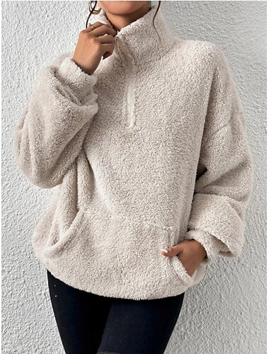 Damen Pullover Lässig Weich Einfarbig Flauschig Stehkragen Reißverschluss Tasche Langarm Normale Oberteile Stricken Outdoor Täglich Wochenende Schwarz Aprikose Herbst Winter