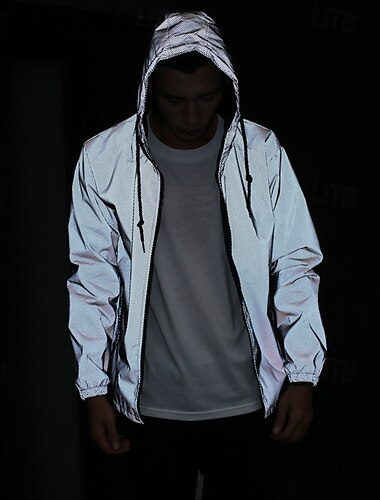  Men's Reflective Jacket Sports & Outdoor Daily Reflective Windbreaker Pocket Hooded Spring &  Fall Solid Color Active Fashion Hoodie Regular Grey Jacket