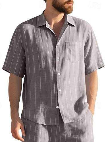  Herre Skjorte Linned skjorte Casual skjorte Button Up skjorte Bomuldsskjorte Stribe Ferierejse Gade Sort Hvid Navyblå Kakifarvet Kortærmet Aftæpning Sommer Tøj Knap ned