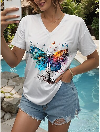 Mulheres Camiseta Gráfico Animal Borboleta Vintage à moda Clássico Manga Curta Decote V Tops regulares Diário Para Noite Final de semana Imprimir Preto Branco Amarelo Rosa Vermelho Verão Primavera