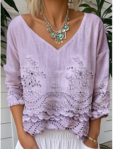  Damen Bluse Blumen Grafik Vintage Stilvoll Klassisch Dreiviertelarm V Ausschnitt Normale Oberteile Täglich Rosa Blau Purpur Sommer Frühling