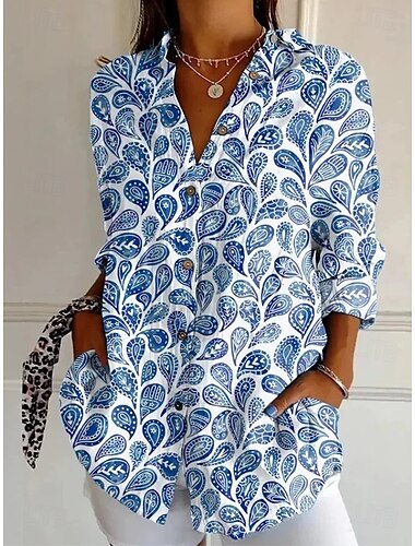  Mujer Camisa Cachemir Casual Manga Larga Cuello Camisero Tops regulares Trabajo Diario Botones Estampado Blanco Amarillo Rosa Azul Piscina Naranja Primavera Otoño Invierno